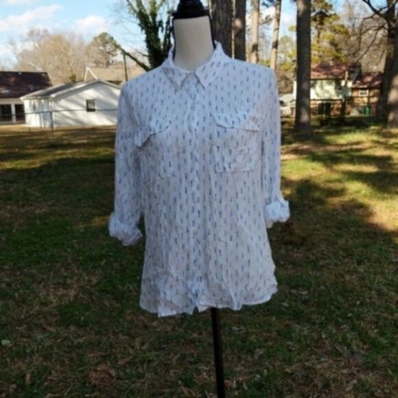Two By Vince Camuto Button Down White Blue Long Sleeve Viscose Shirt L - Picture 3 of 7